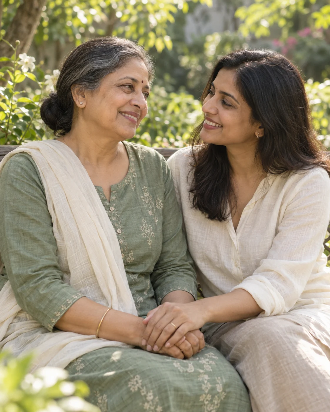 Illustrative image of a mother and daughter sharing a warm moment in a garden